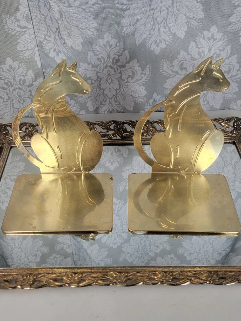 Vintage Brass Cat Bookends - Set of 2
